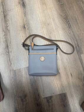 Giani Bernini Saffiano North South Crossbody Bag Blue with Tan Trim